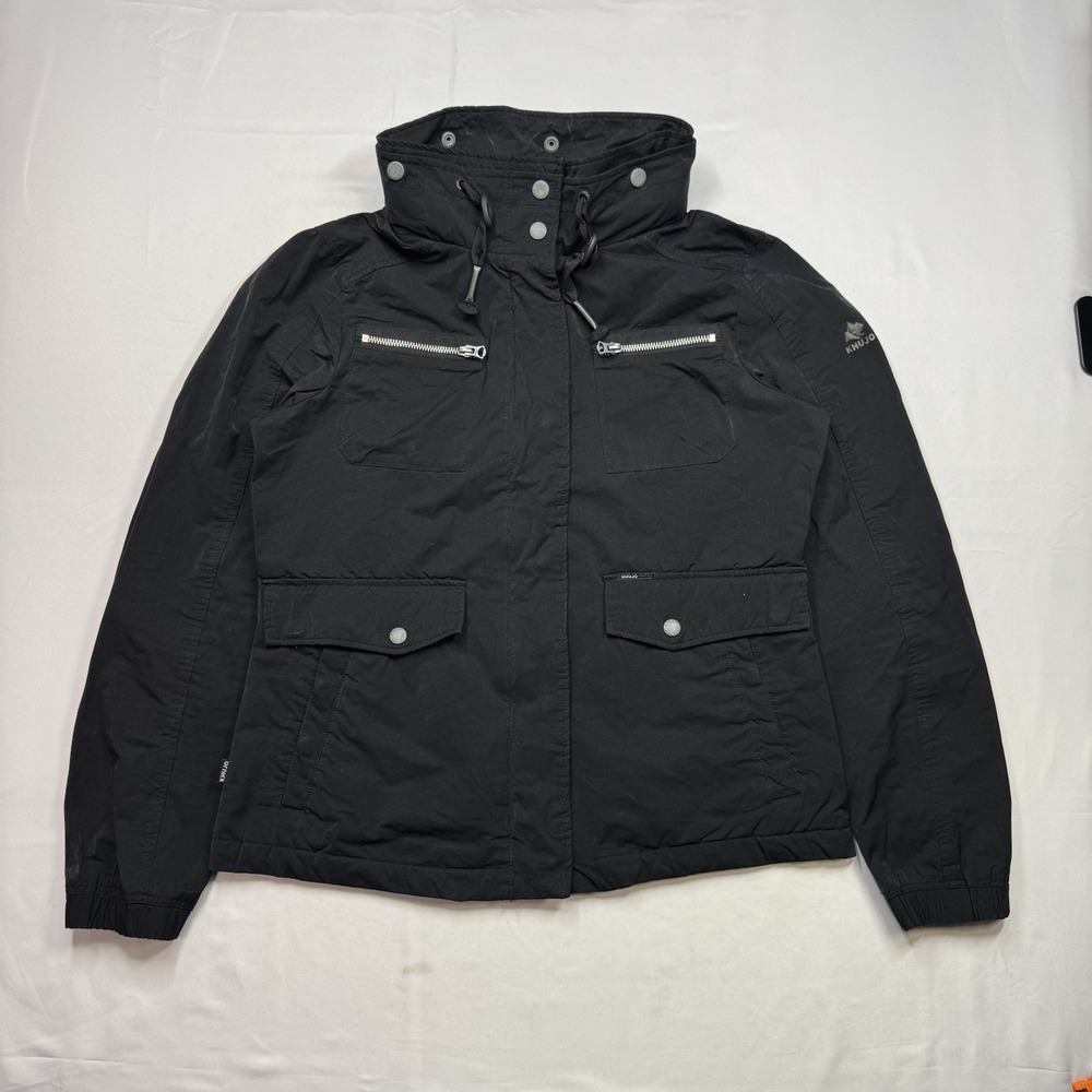 KHUJO Hooded Zip & Button Bomber Jacket Women Size Large Black 19x23.5 Polyester